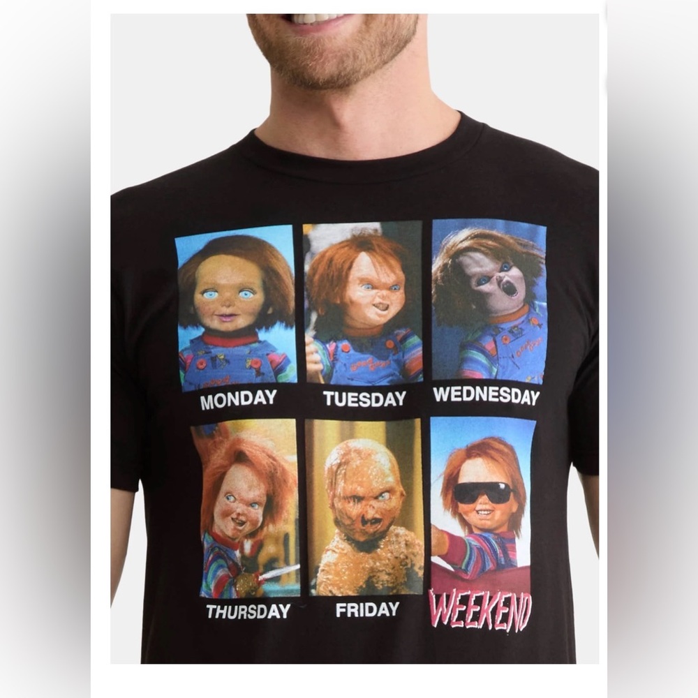 Men’s Black Graphic T-Shirt with Chucky Character Design